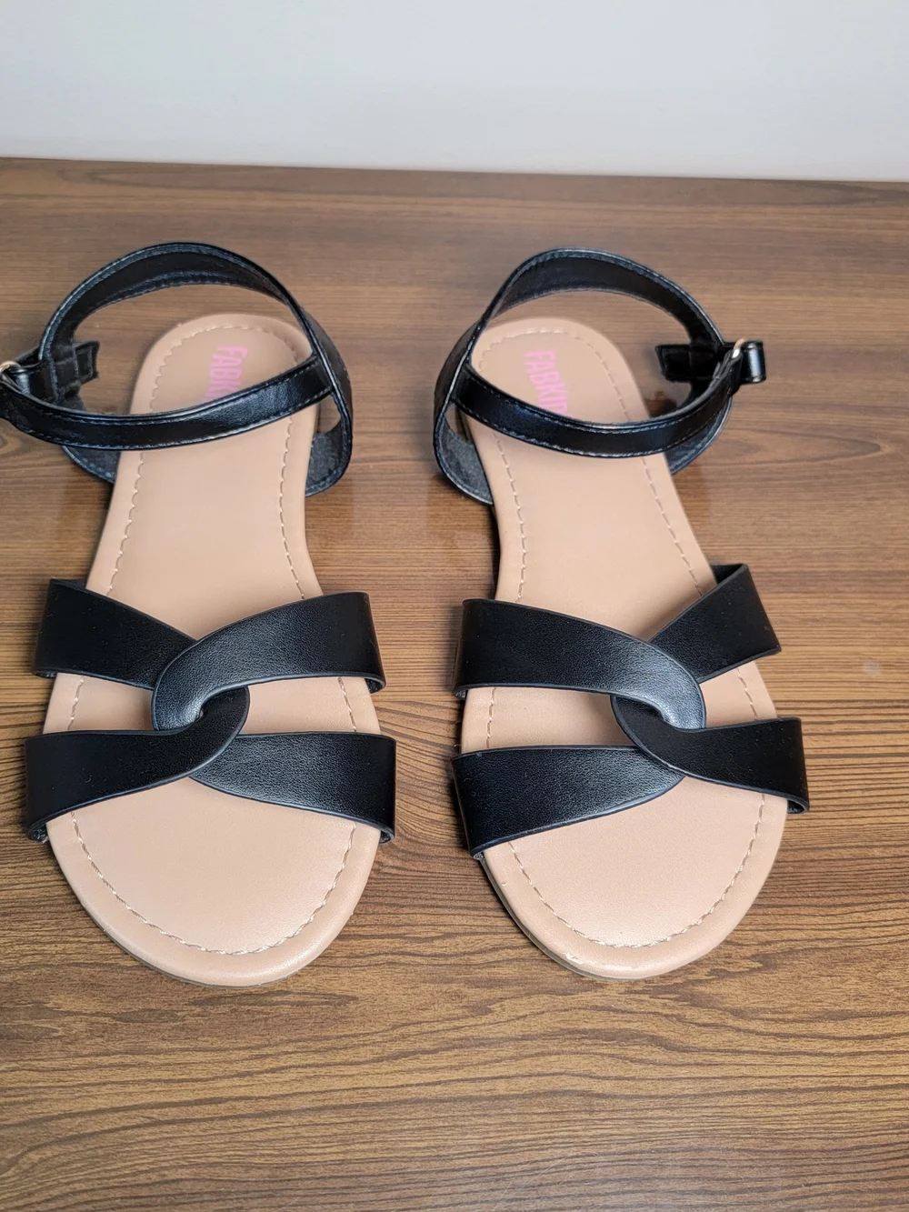FabKids Girls Black Ankle-Strap Flat Sandals - Size 2